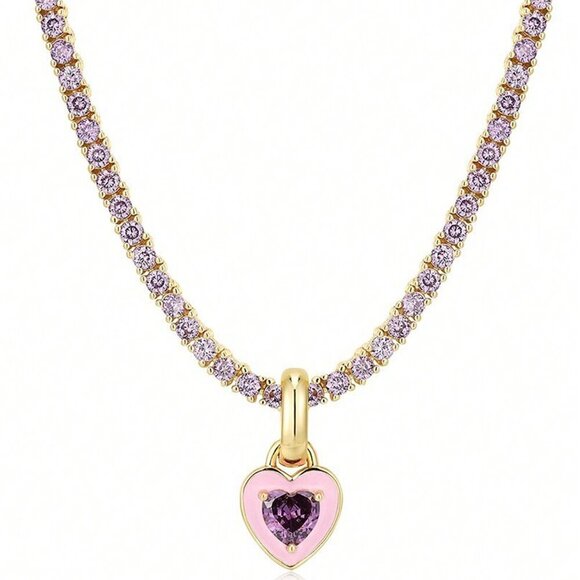 Pink Casual Women's Colorful Cubic Zirconia Love Necklace - Picture 1 of 1